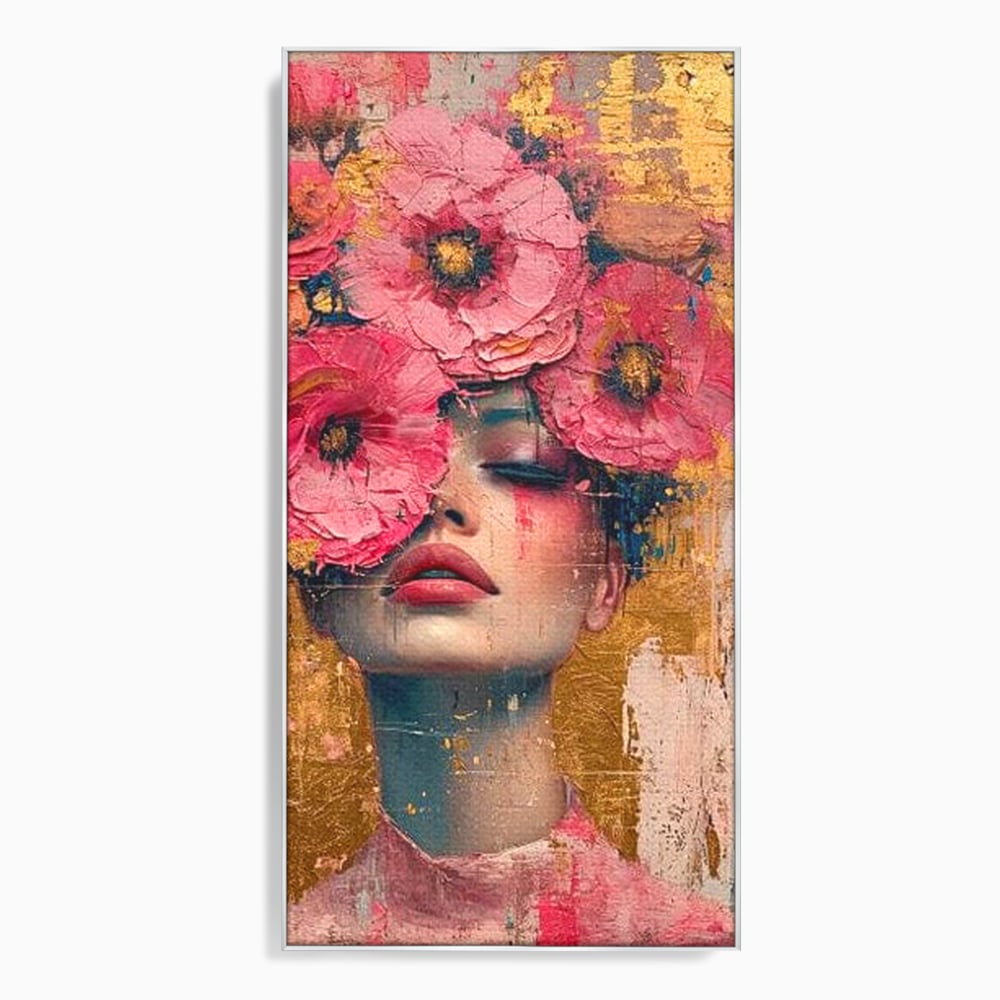 Tablou canvas cu tablou canvas cu portret de femeie si flori roz, in rama de aluminiu argintiu